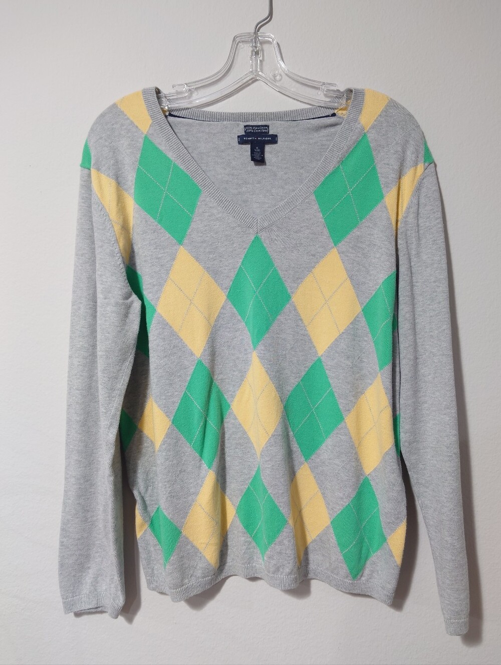 Tommy Hilfiger Argyle V-Neck Sweater | Pima Cotton | Size XL
